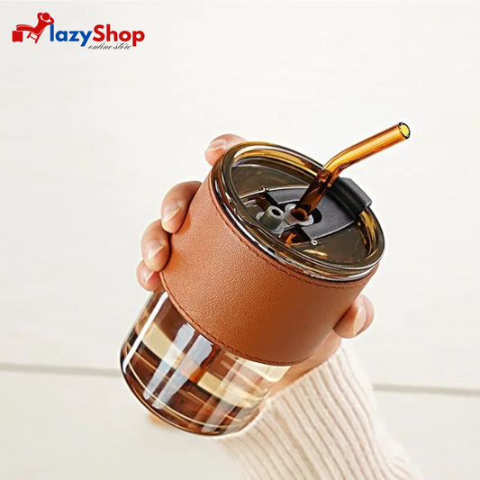 Leather Grip Coffee Cup Sipper Glass with Straw Mug