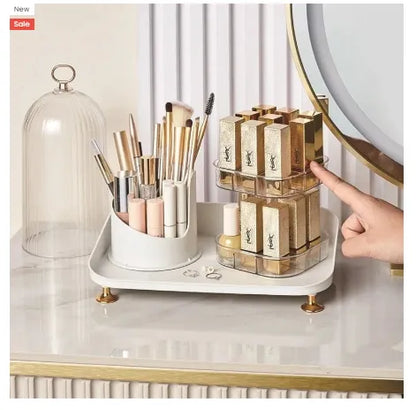 360 Degree Rotating Makeup Brush Holders with Lipstick Holder with Tray