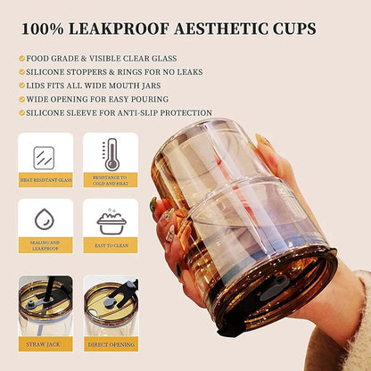 Leather Grip Coffee Cup Sipper Glass with Straw Mug