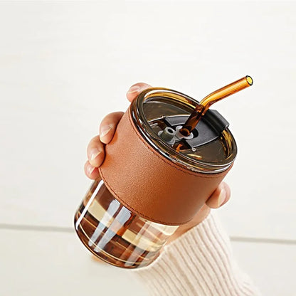 Leather Grip Coffee Cup Sipper Glass with Straw Mug