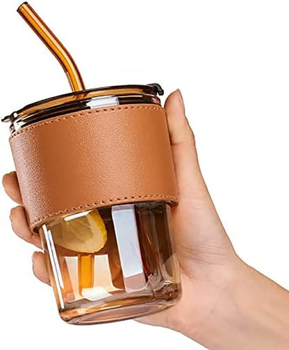 Leather Grip Coffee Cup Sipper Glass with Straw Mug