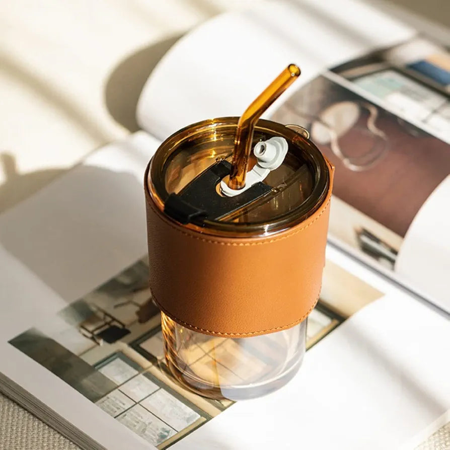 Leather Grip Coffee Cup Sipper Glass with Straw Mug